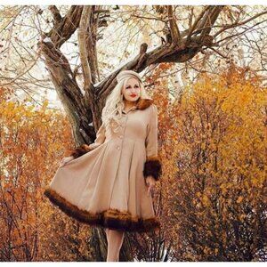 Hell Bunny Elvira Camel Long Hooded Faux Fur Hooded Retro Winter Coat Womens 2X